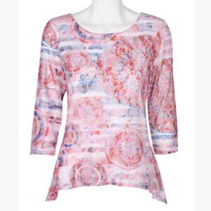 Carre Noir Top Womens Size Medium Mesh Lace Layered Sheer Stretch Pink Red Blue